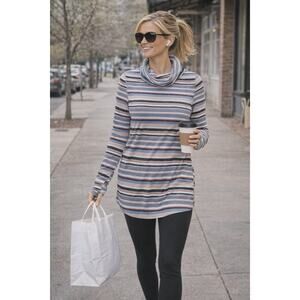 Cuddl Duds Softwear Cowl Neck Tunic Striped Thumbholes XS